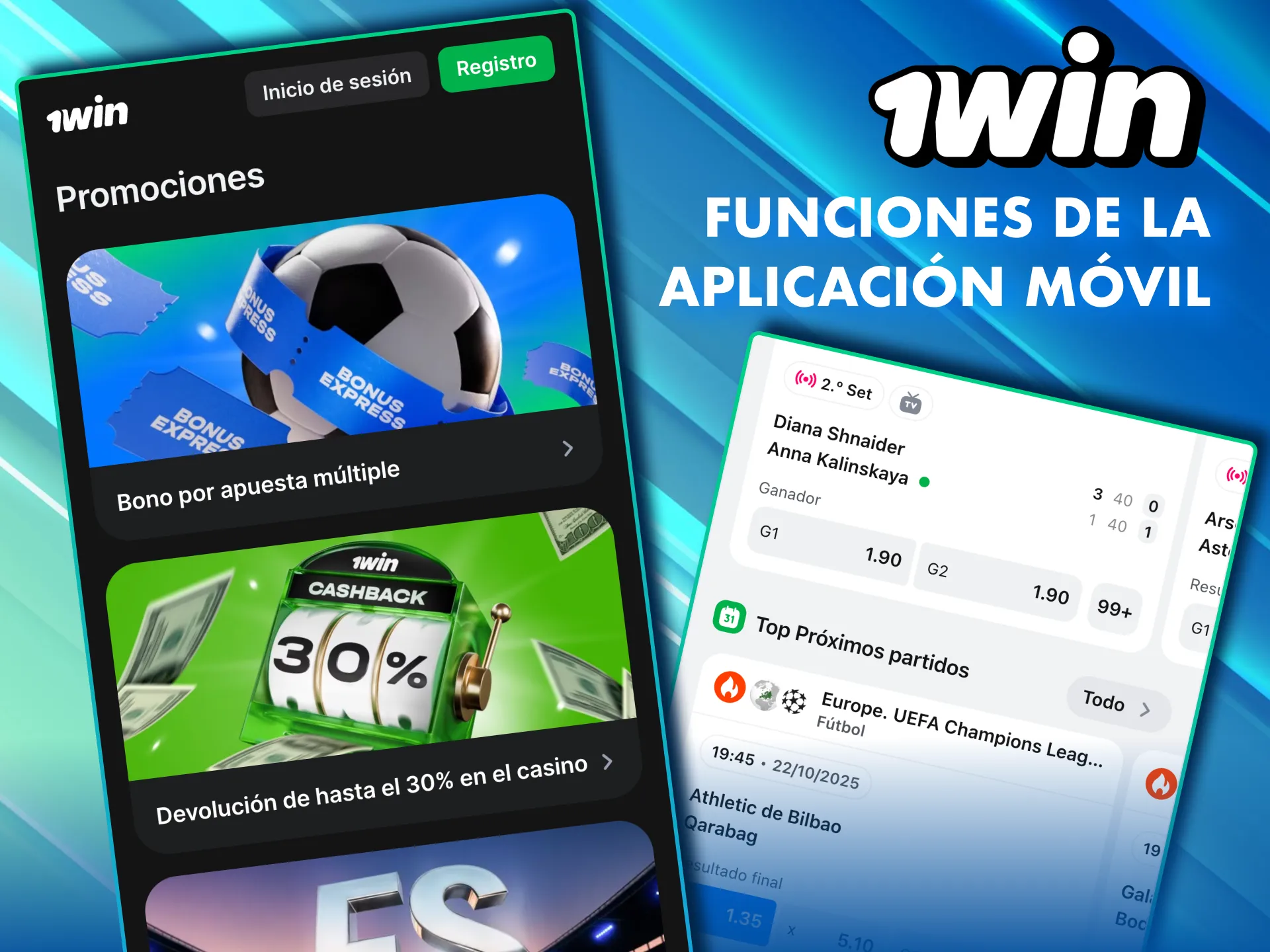 Funciones clave de la app m&oacute;vil 1Win para apuestas y casino.