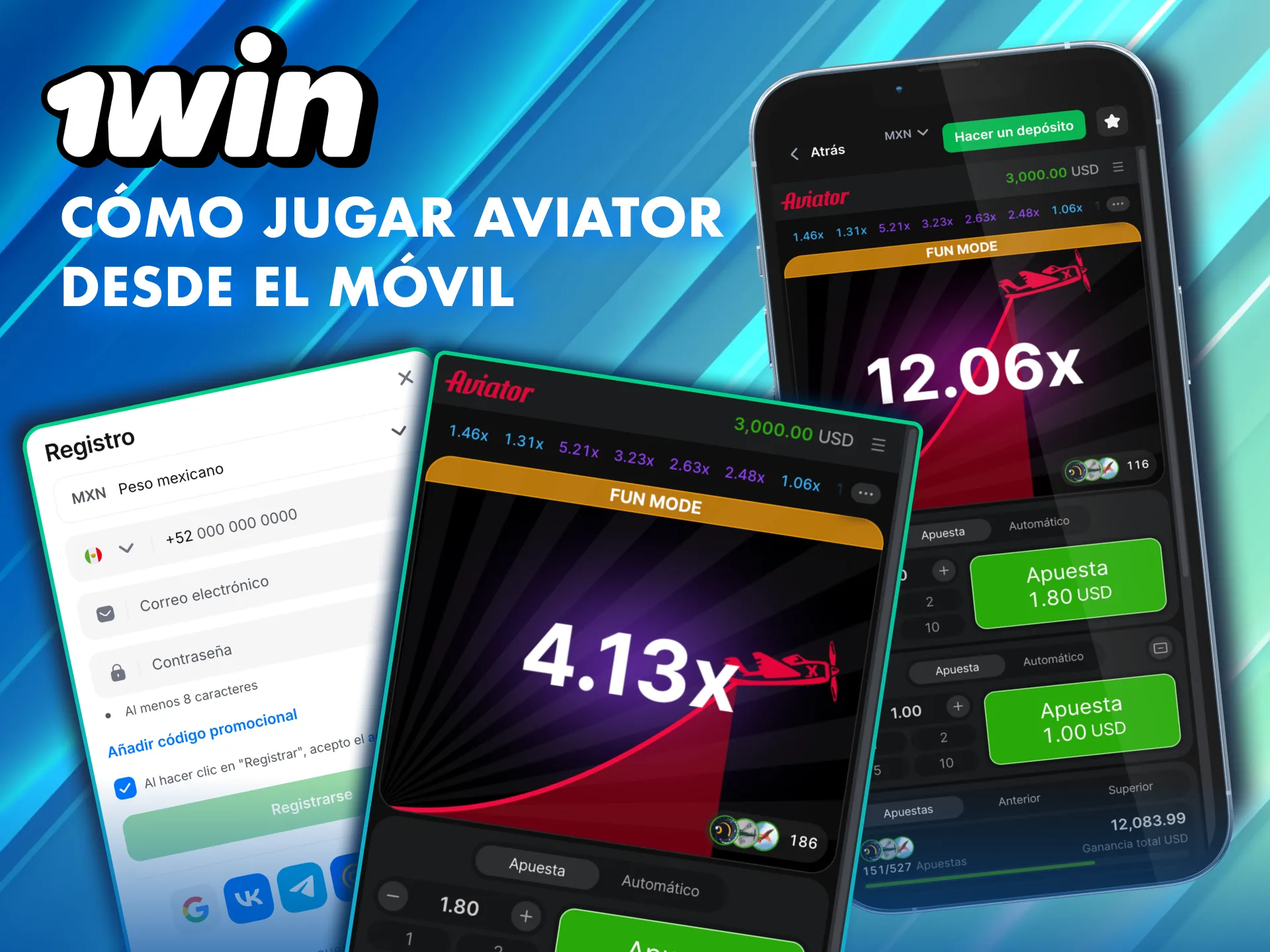 Aviator en 1Win M&eacute;xico se juega desde m&oacute;vil o escritorio con las mismas funciones.
