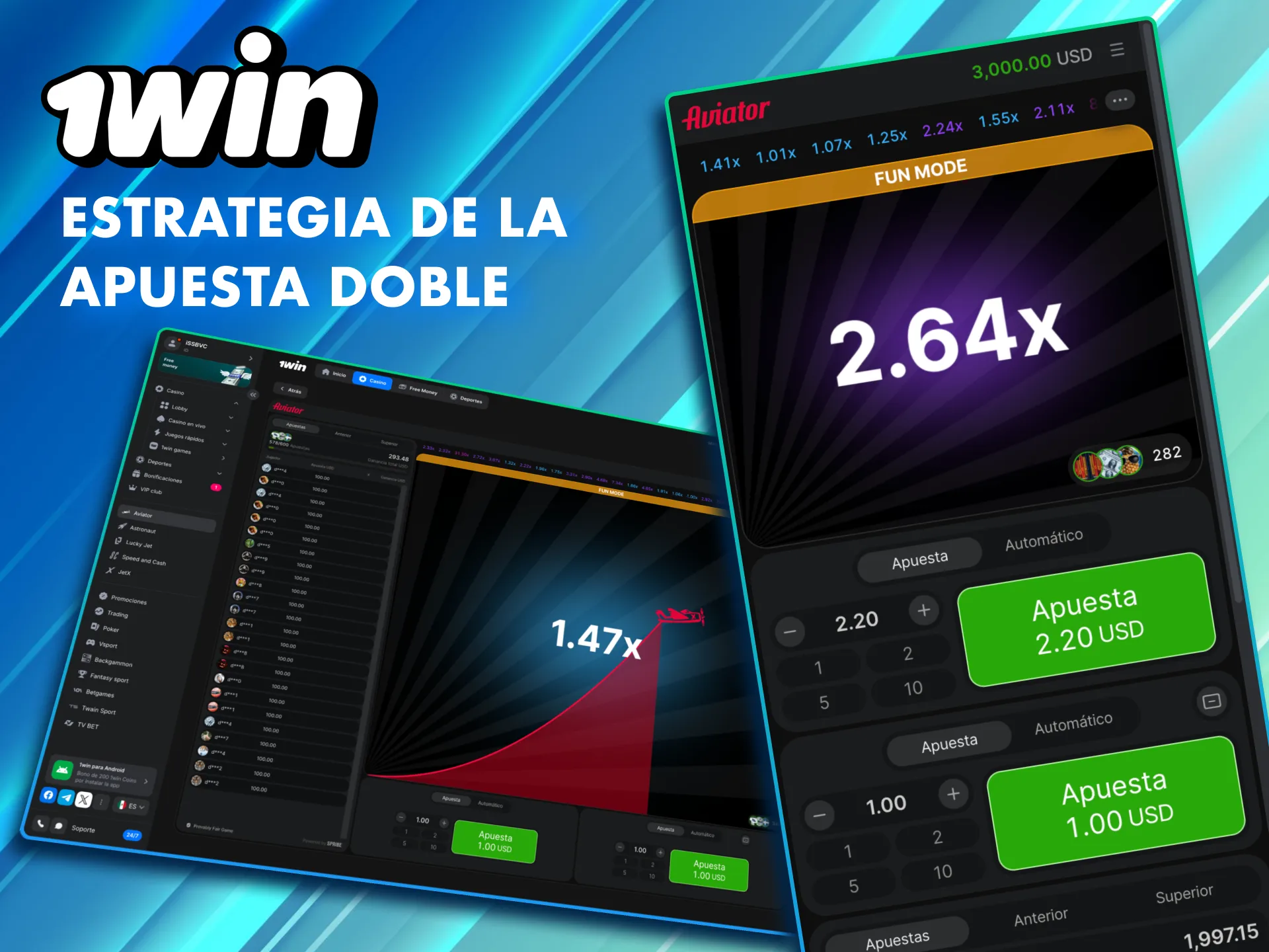 Estrategia de apuesta doble en Aviator de 1Win M&eacute;xico con riesgo dividido y control total.