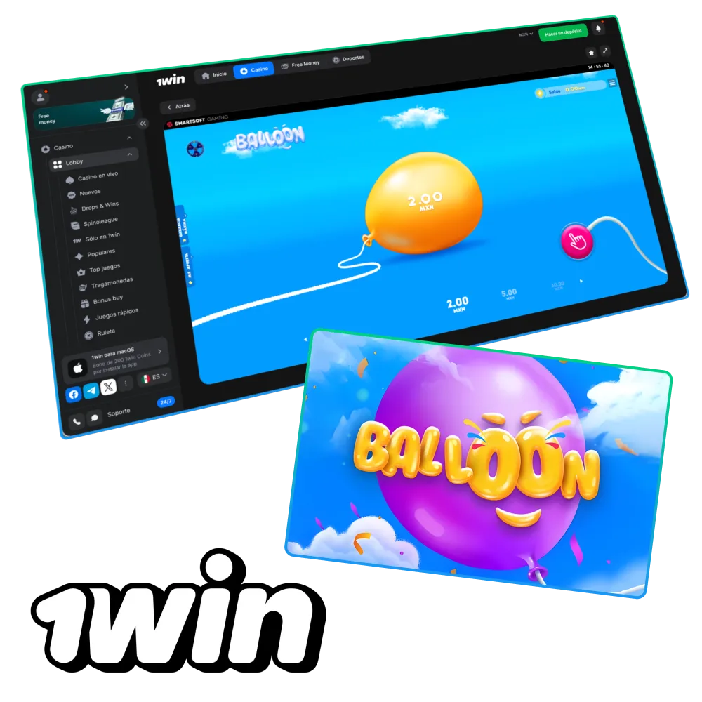 1Win M&eacute;xico ofrece Balloon, inflando el globo y retirando antes de que explote.