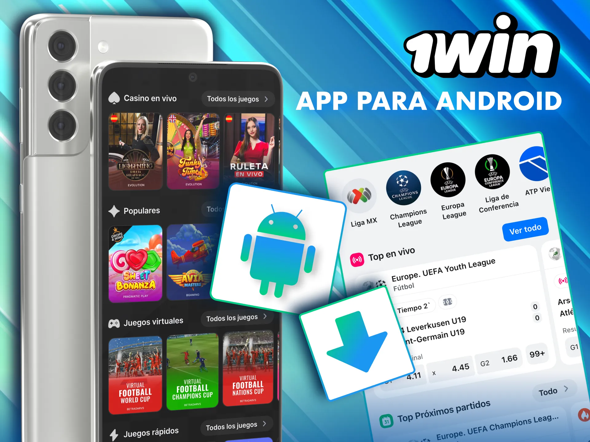 App Android de 1Win con registro r&aacute;pido y promociones.