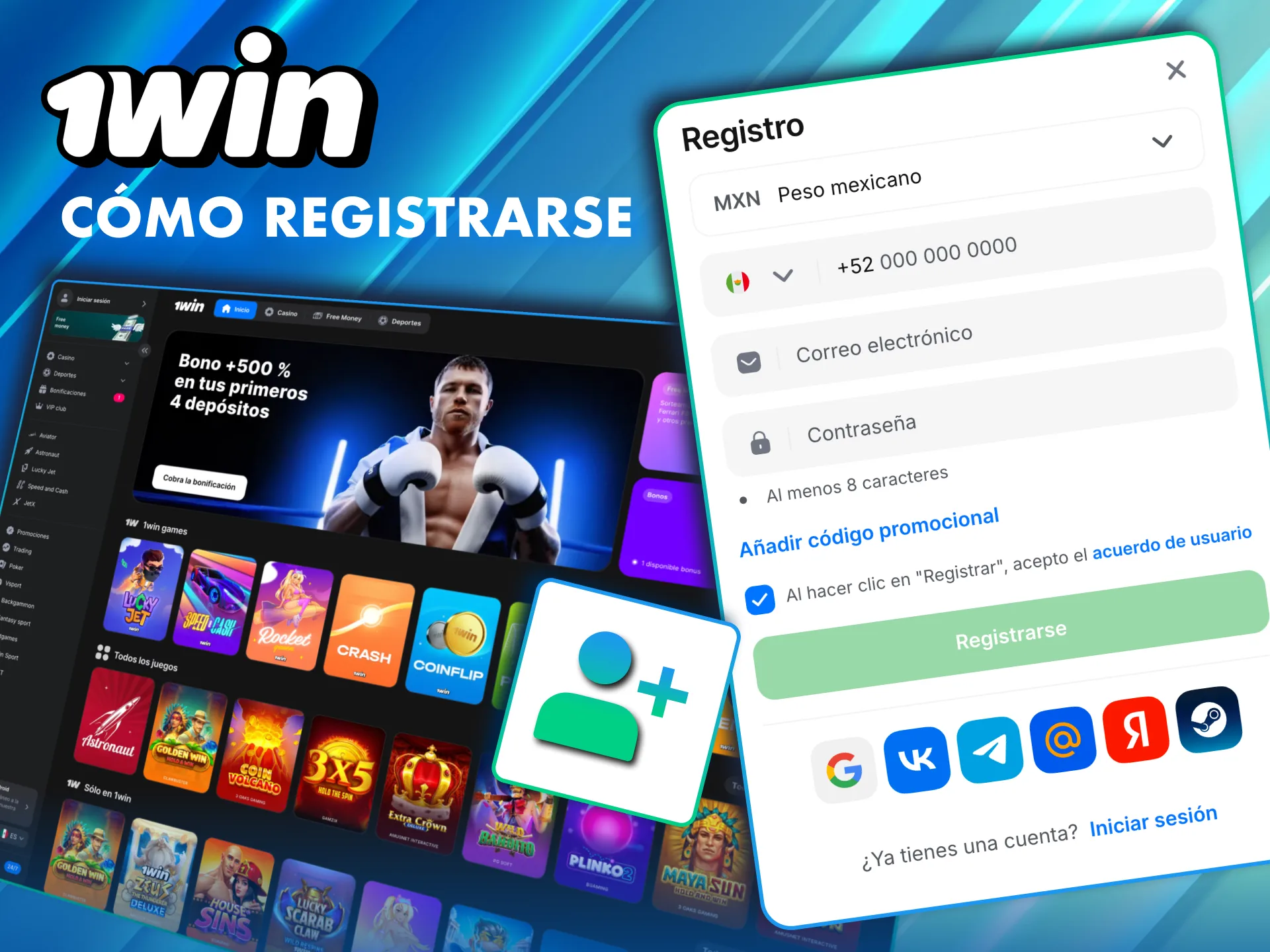 Crear cuenta en 1Win con correo y contrase&ntilde;a.